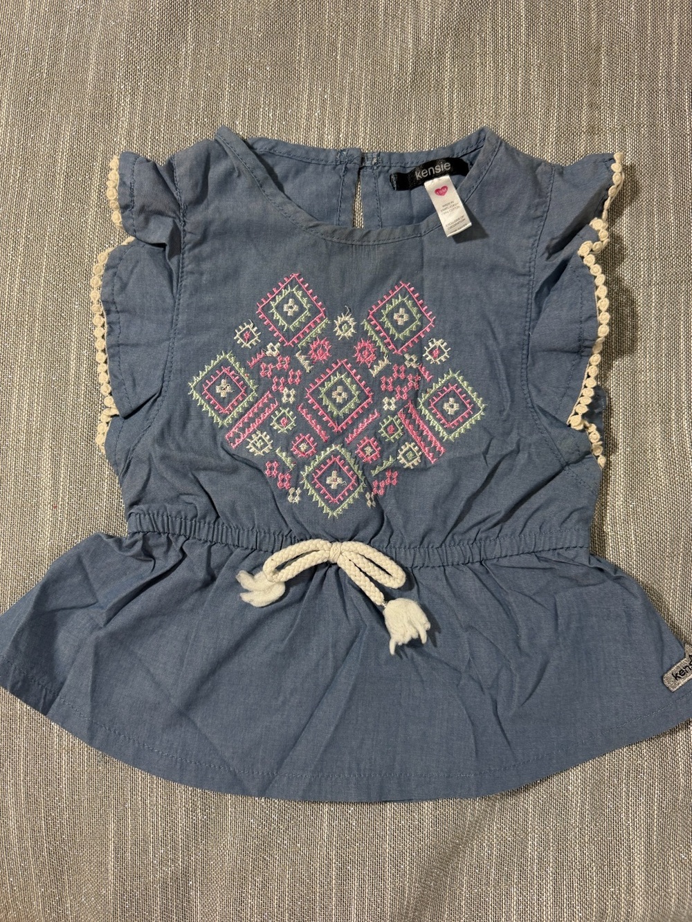 Kensie Blue Embroidered Tie-Waist Peplum Top
